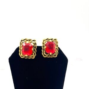 Sarah Coventry Gold Tone Rope Earrings with Large Red Rhinestones Vintage Large